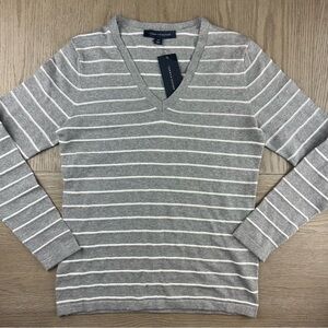 Womens S Tommy Hilfiger Gray Striped V Neck Cotton Sweater Lightweight